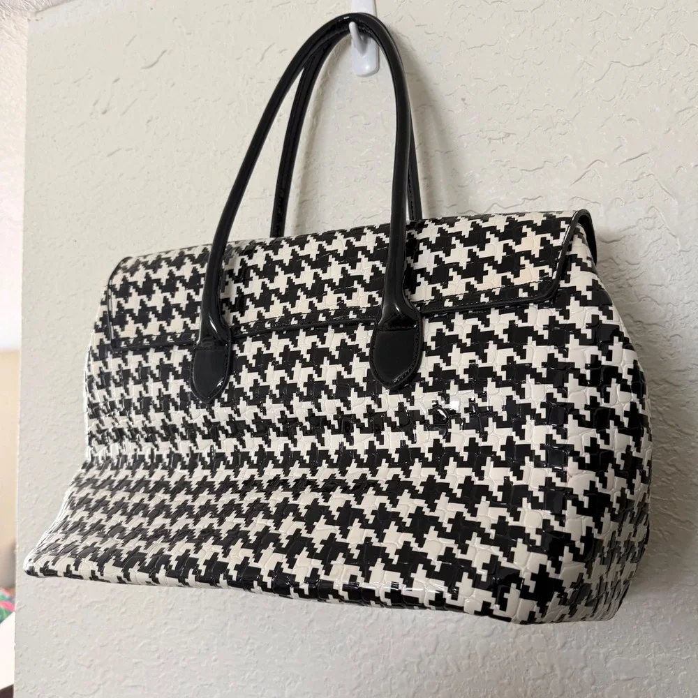 Unbranded Houndstooth Satchel Tote Womens Large Black White Glossy Patent Retro